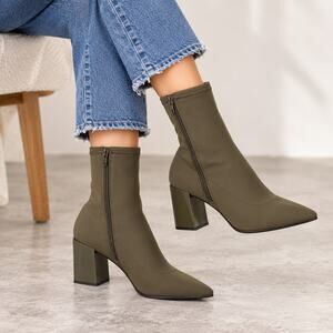Aldo Womens 7.5 Olive Green Pointed Toe Sock Ankle Boots Block Heel Zip Luxe